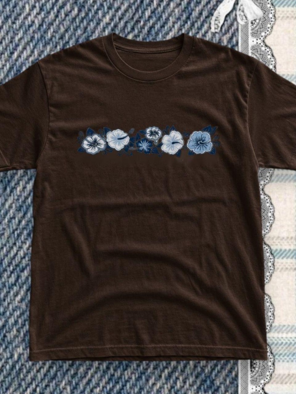 Dark chocolate Tee with Blue Floral Chest Print